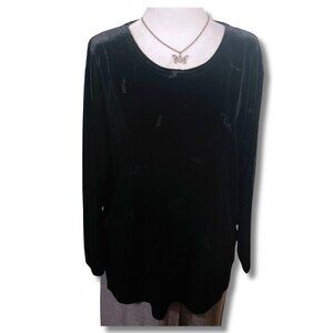 NORTHERN SPIRIT Black velvet 3/4th sleeve top with leaf stitching ~ LARGE XL 1X